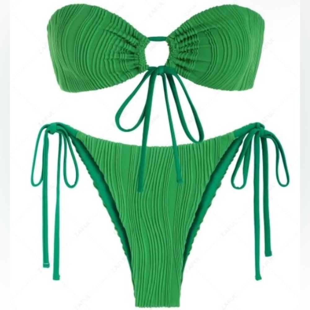 ZAFUL Textured Cinched Bandeau Tie Side Bikini Swimwear - Light Green Size XL